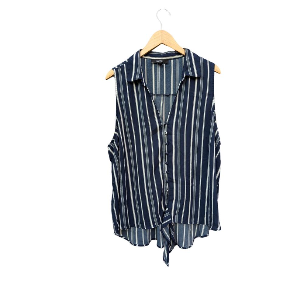 Preppy Costal Career Button Tie Navy Blue White Striped Plus Size 3X Blouse